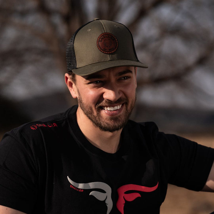 Trucker Cap 6 Panel- Olive/Black - Sneller Lion Leather Patch