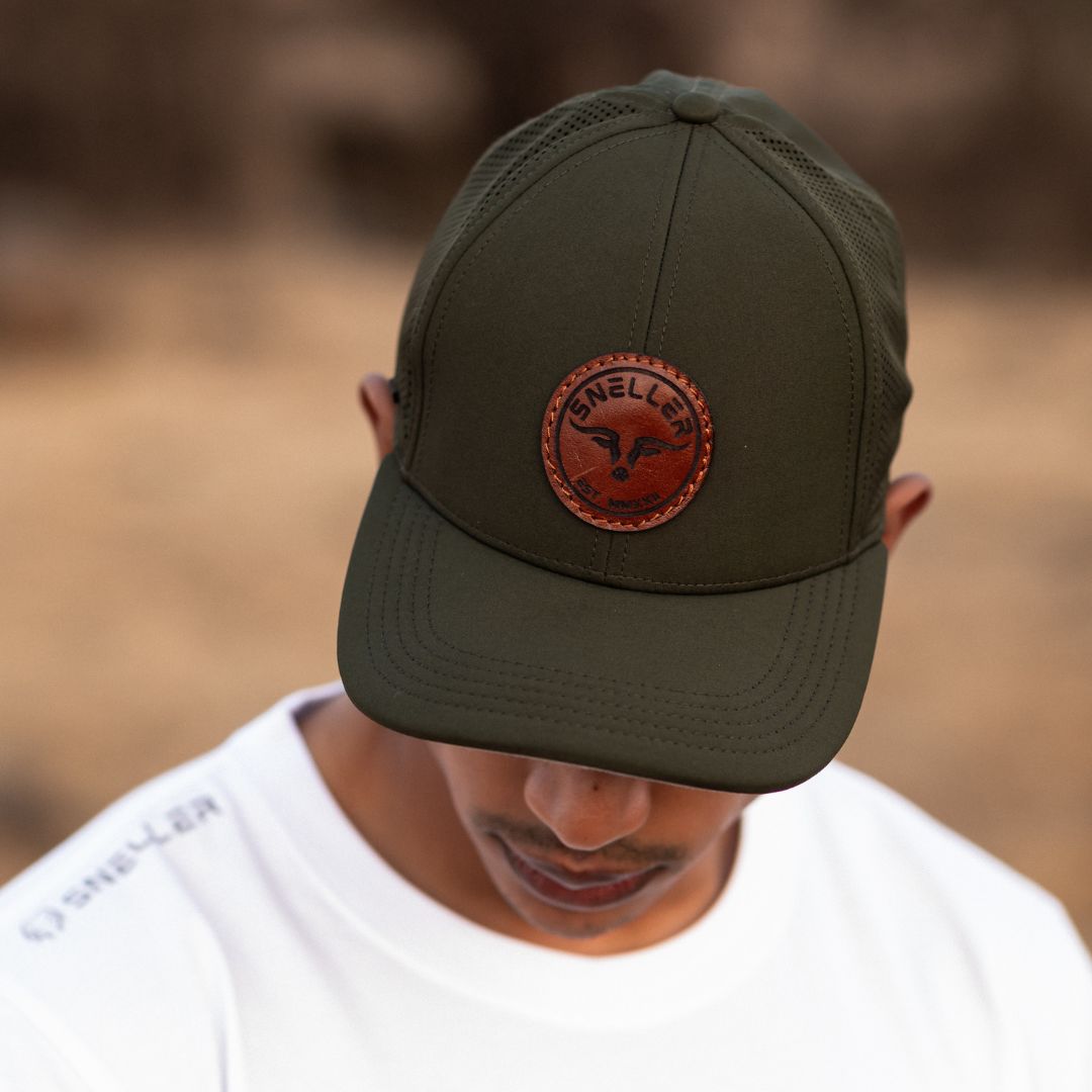 Premium Sneller Trucker Cap - Olive - Longhorn Leather Patch