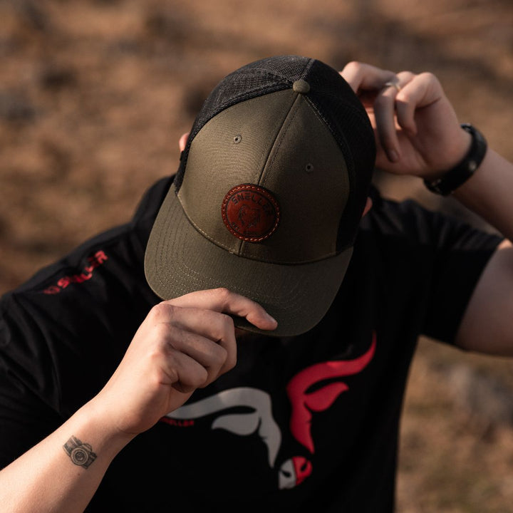 Trucker Cap 6 Panel- Olive/Black - Sneller Lion Leather Patch