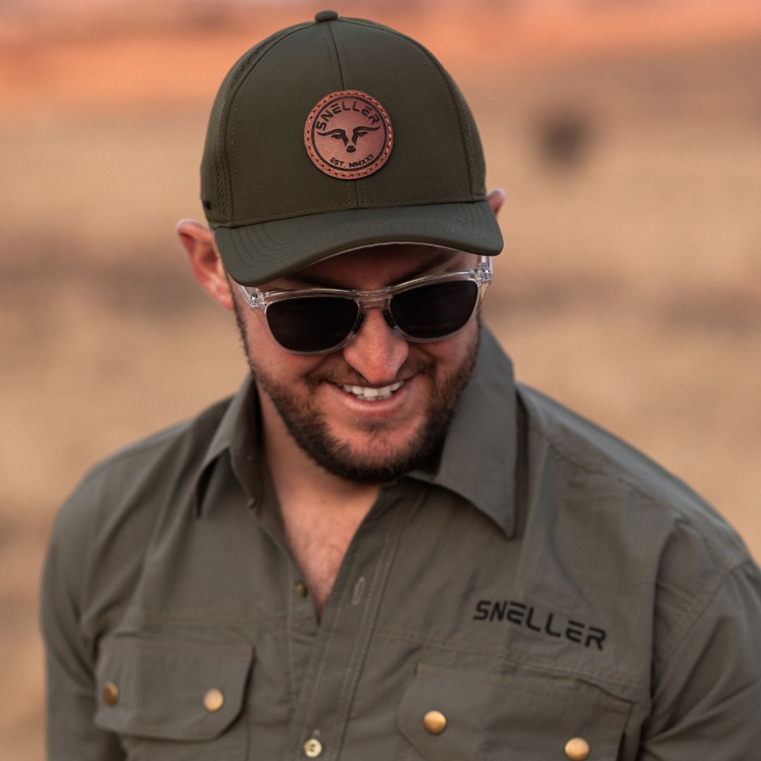 Premium Sneller Trucker Cap - Olive - Longhorn Leather Patch