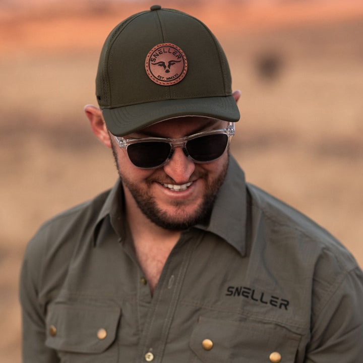 Premium Sneller Trucker Cap - Olive - Longhorn Leather Patch