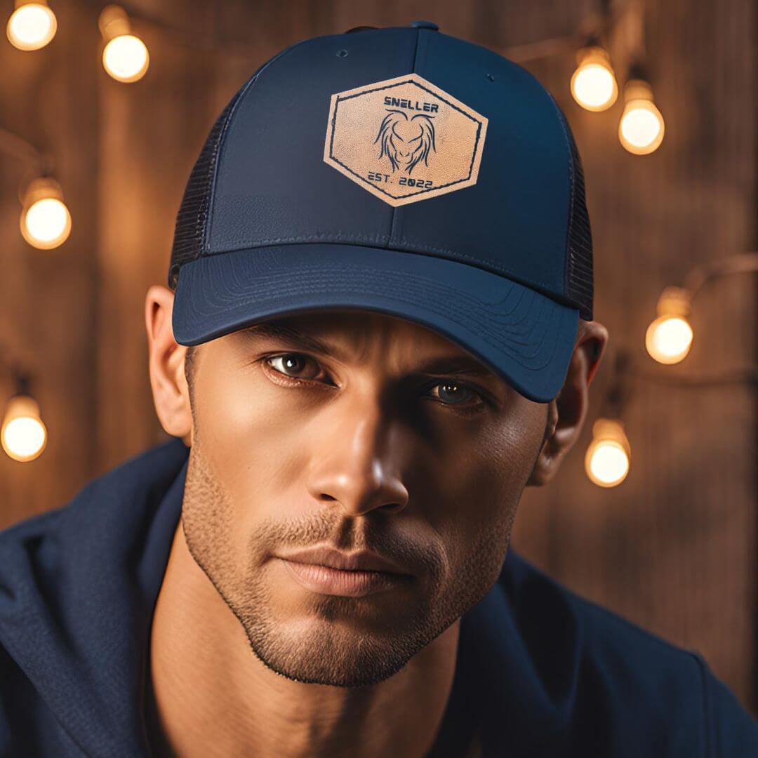 Premium Sneller Trucker Cap Navy with Leather Sneller Lion Patch